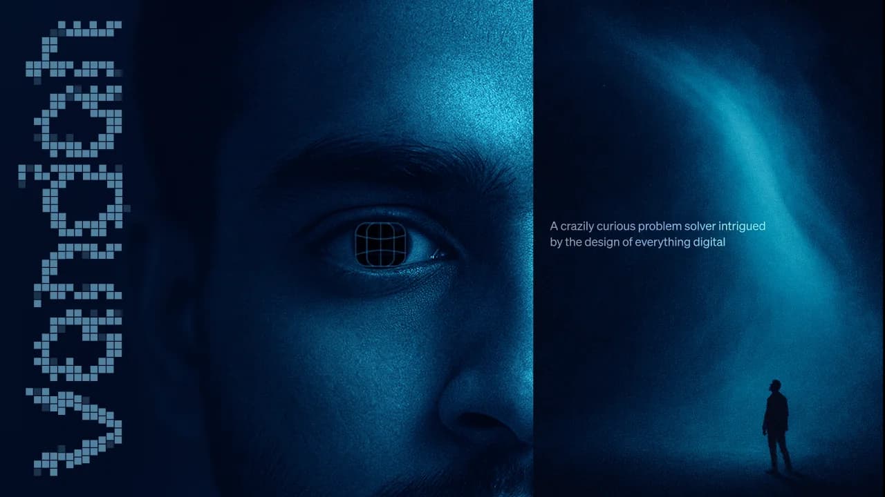 Editorial brand identity poster with a duotone portrait, a pixel-grid wordmark, and a product-design tagline.