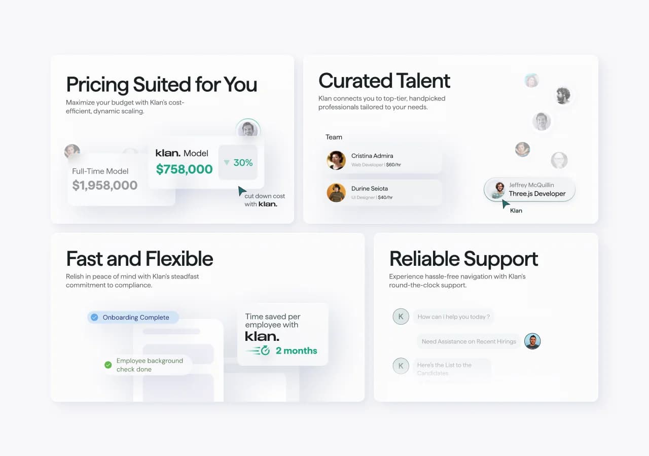 Feature grid for a hiring-tech platform highlighting pricing, curated talent, fast onboarding, and support with avatars and cost comparisons.