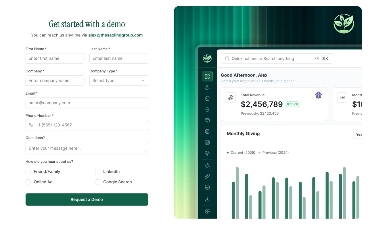 Request-a-demo page for a nonprofit CRM pairing a lead-capture form with a preview of the organization's revenue and monthly giving dashboard.