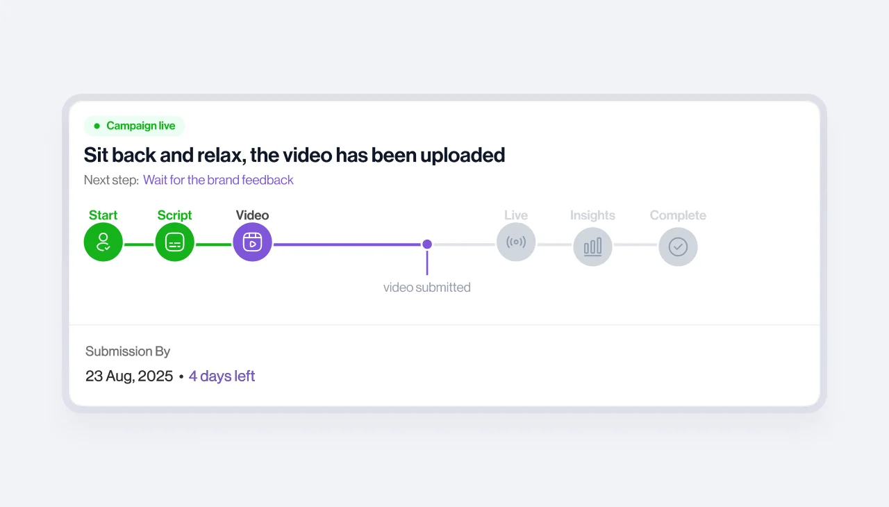 Campaign progress tracker component showing stepped stages — start, script, video, live, insights, complete — with a status badge and submission deadline.