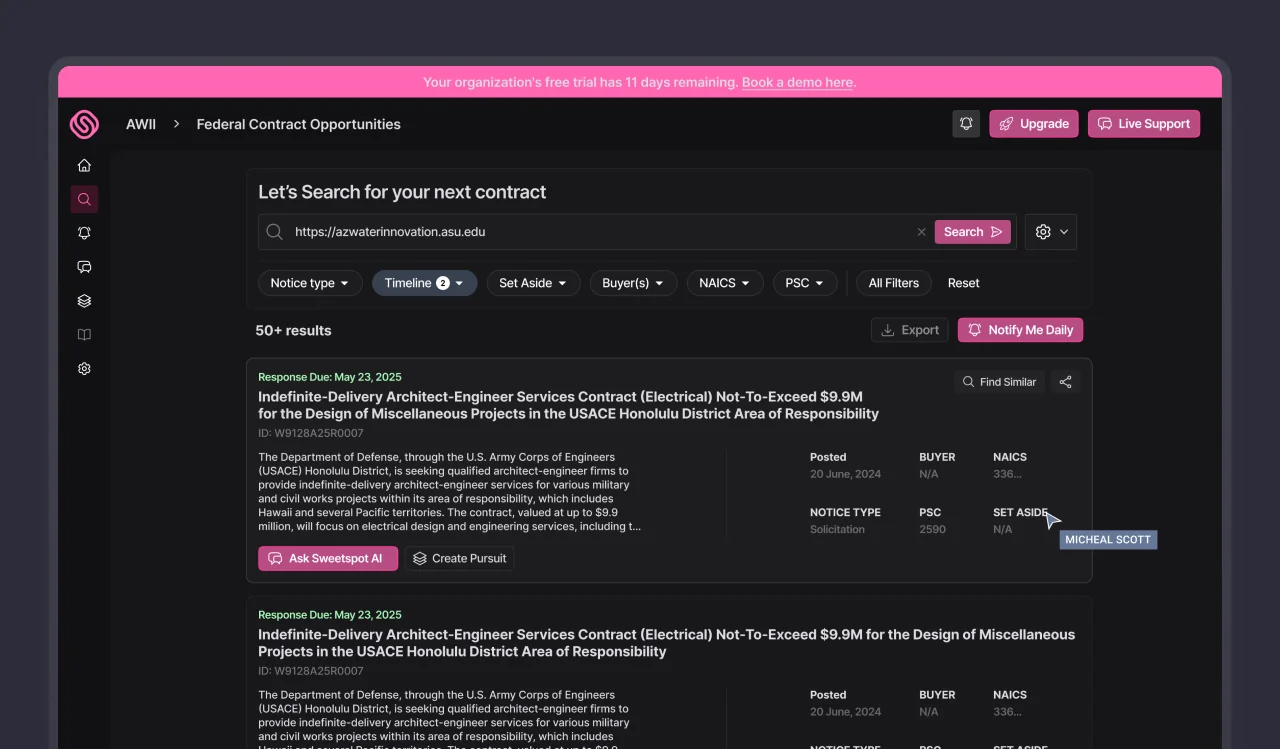 Dark govtech dashboard for searching federal contract opportunities, with filter chips, result cards, and metadata like posting date, NAICS, and set-aside.