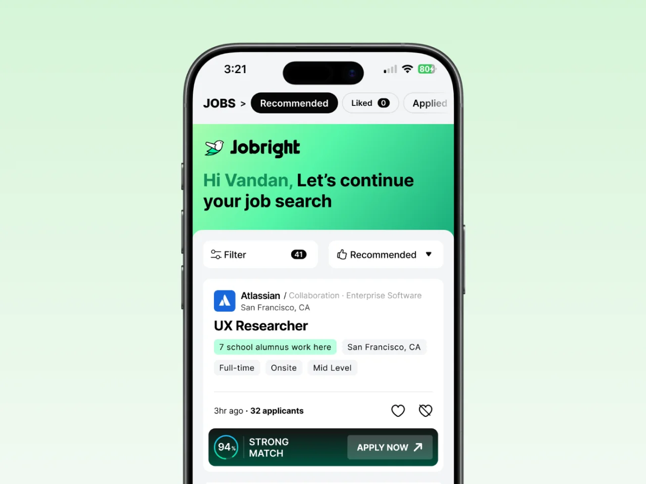 iPhone mockup of a redesigned JobRight mobile job-search app with a personalized greeting, job card, 94% match score, and apply button.