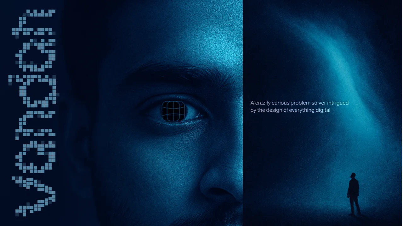Editorial brand identity poster with a duotone portrait, a pixel-grid wordmark, and a product-design tagline.