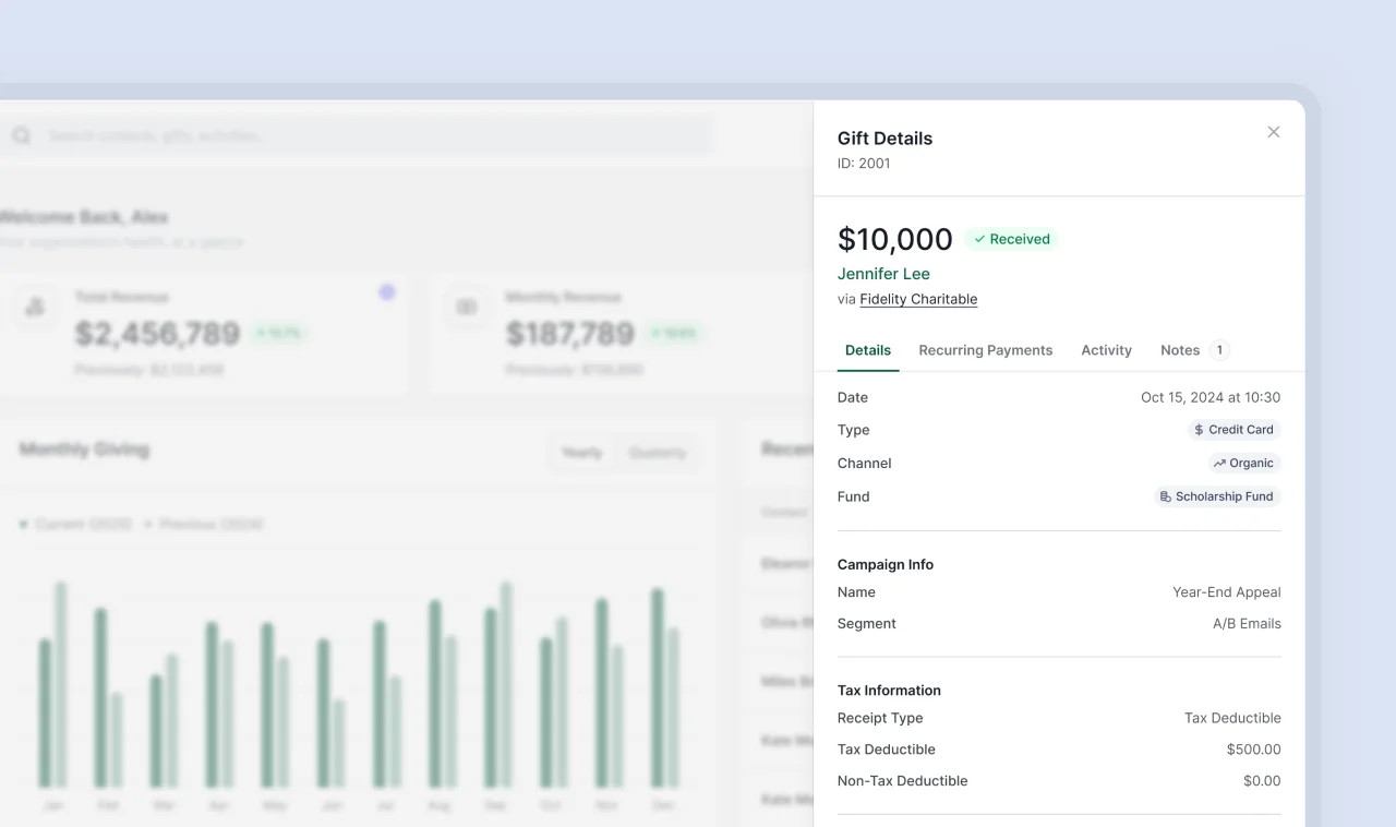 Slide-out drawer panel in a nonprofit CRM showing a $10,000 gift's details, payment type, campaign, and tax information.