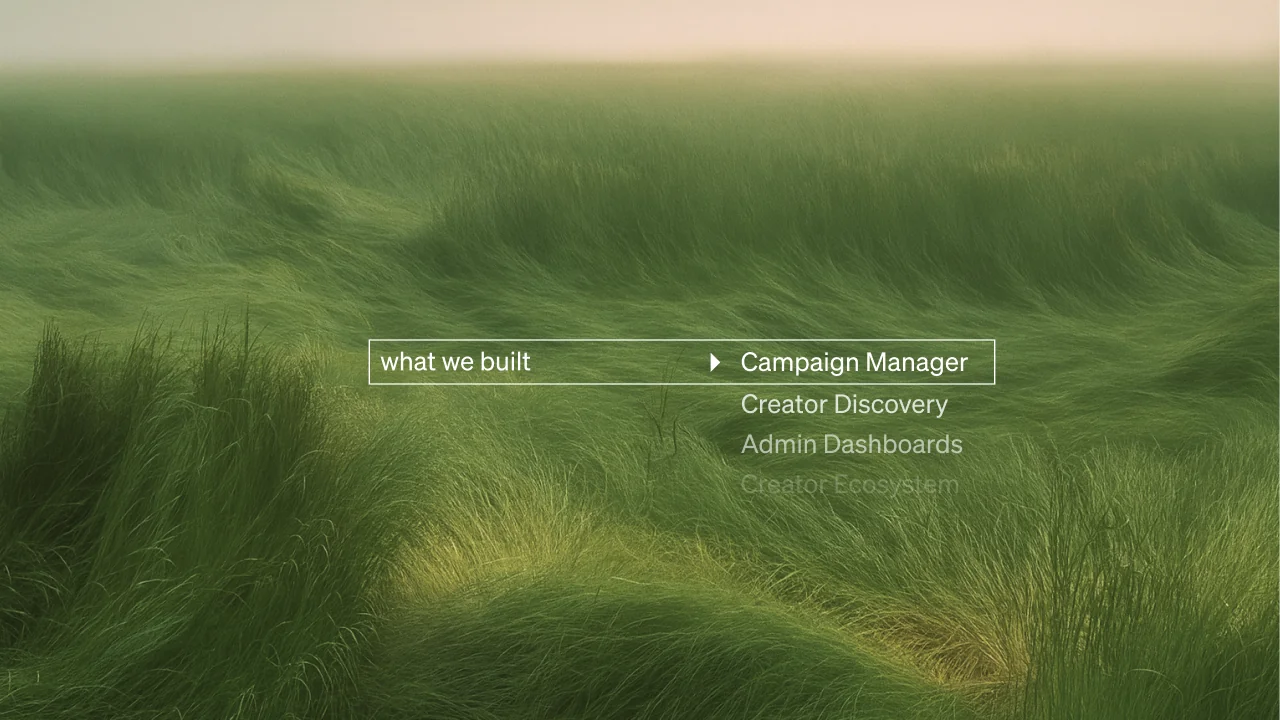 Presentation agenda slide set over a windswept green grass field, highlighting Campaign Manager among features like Creator Discovery and Admin Dashboards.
