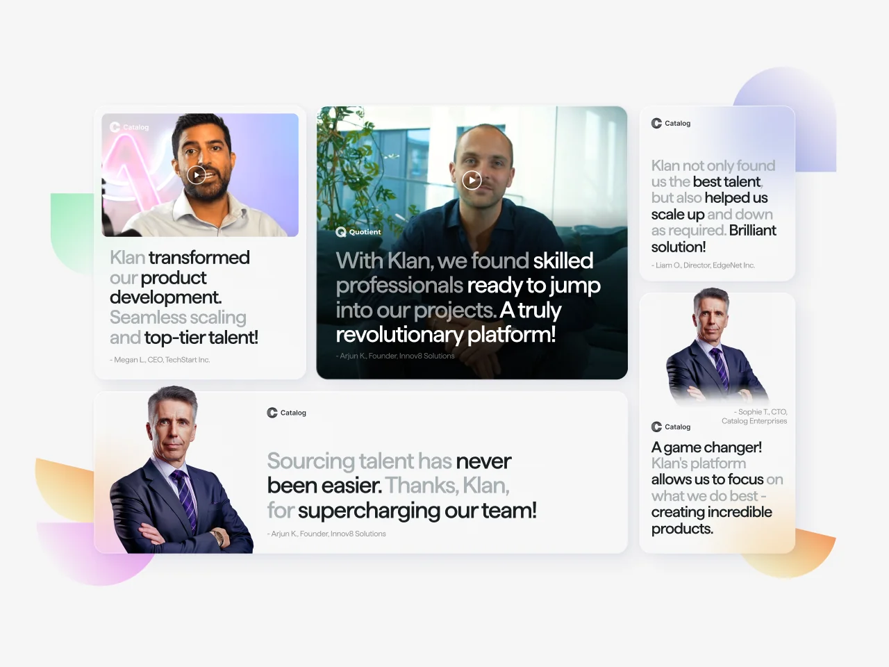 Aesthetically arranged testimonials grid mixing video and text quote cards with client photos, brand logos, and soft gradient accents.