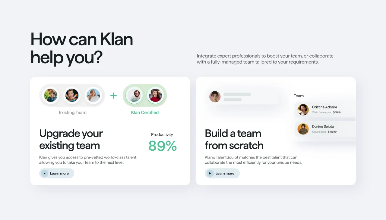 Marketing website section for a hiring platform comparing upgrading an existing team with building one from scratch, using avatar illustrations and productivity stats.