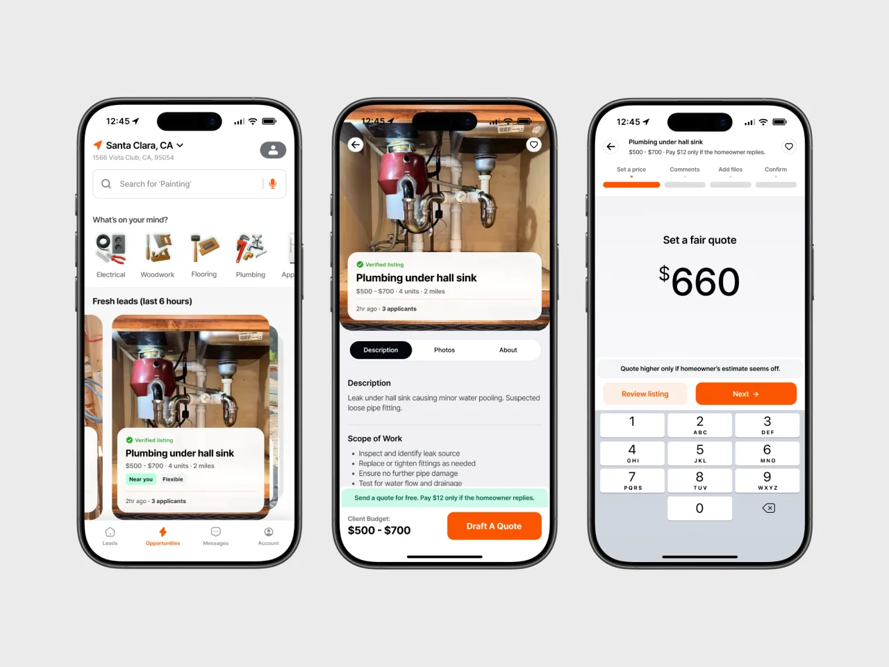 Home-services mobile app UI screens for browsing local job leads and setting a fair price quote.