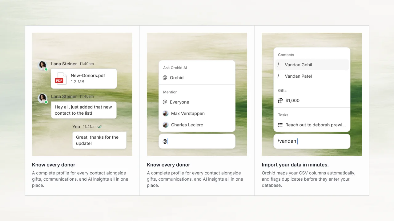 Features section for a nonprofit donor CRM showing contact profiles, an AI mention menu, and CSV import cards over a soft green backdrop.