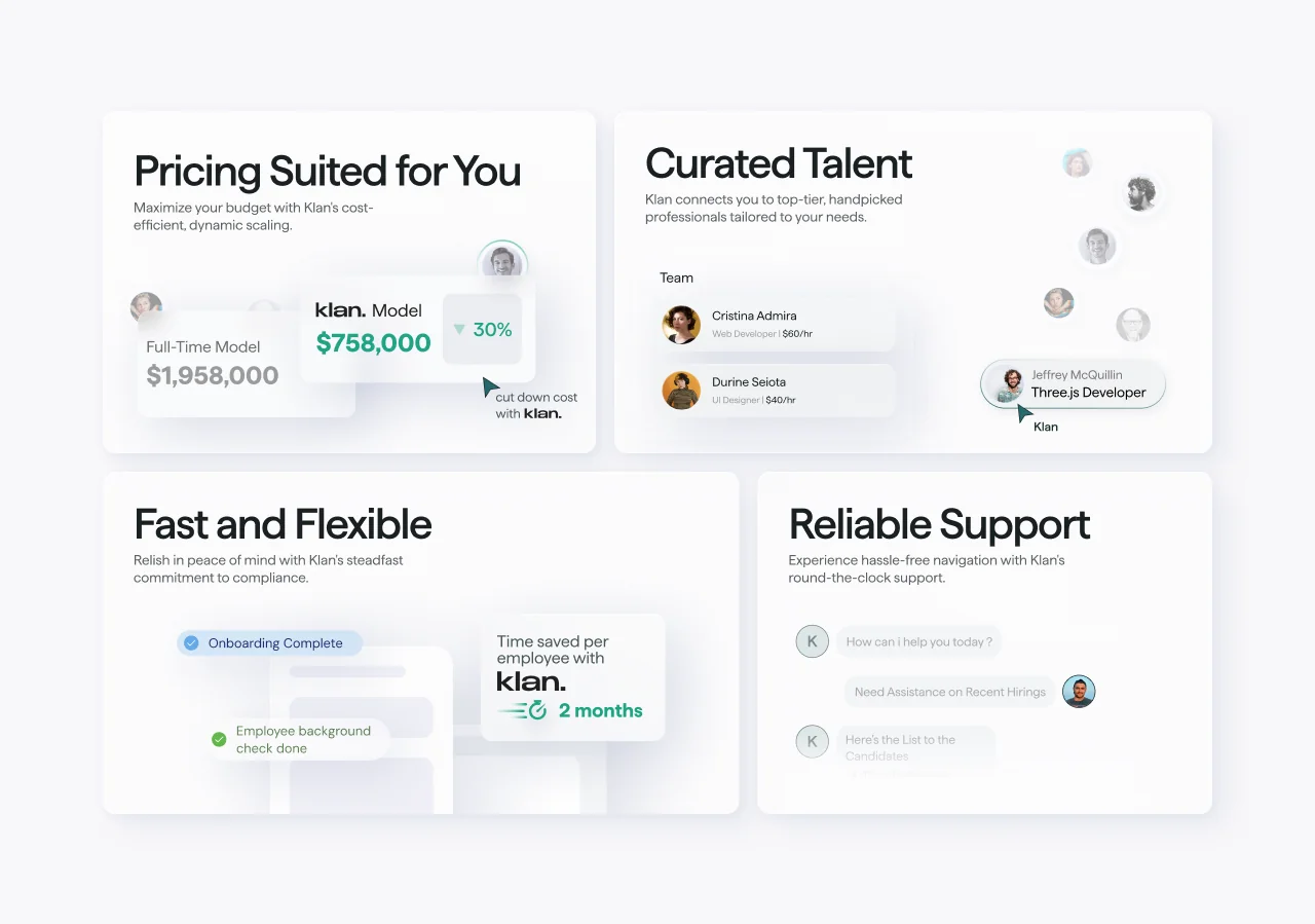 Feature grid for a hiring-tech platform highlighting pricing, curated talent, fast onboarding, and support with avatars and cost comparisons.