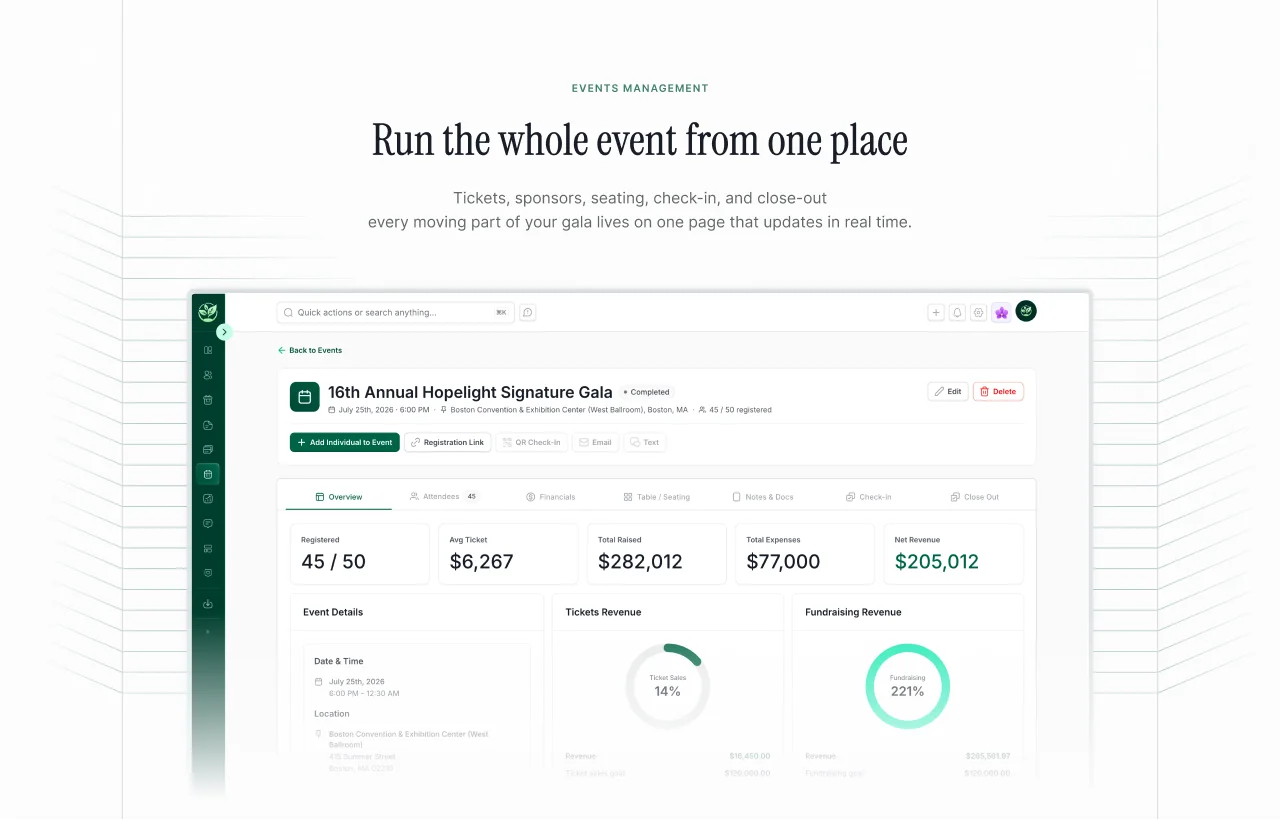 Events management dashboard for a nonprofit gala tracking registrations, ticket revenue, expenses, and fundraising progress with real-time stat cards and donut charts.