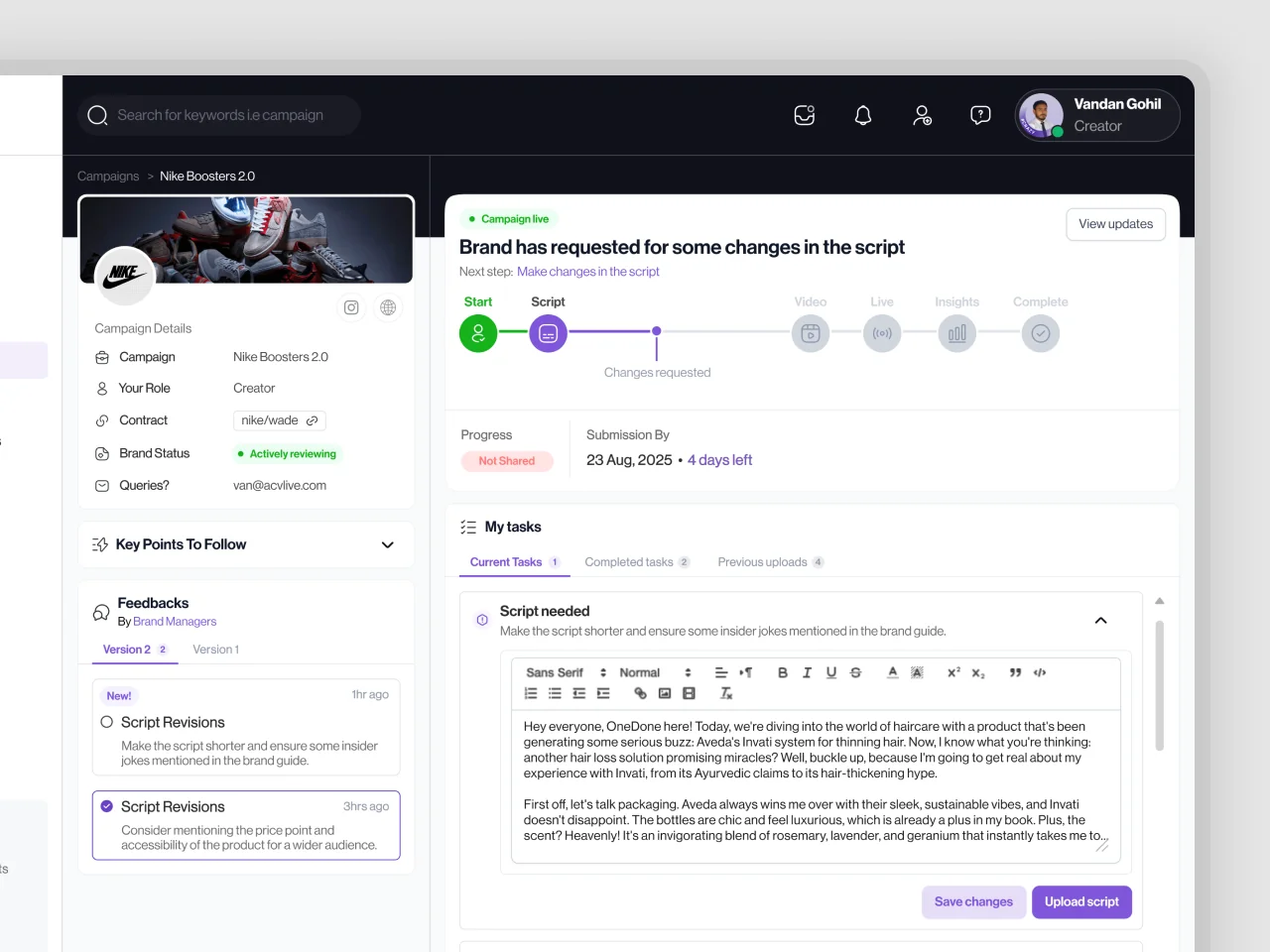 Campaign management dashboard for an influencer marketing platform showing a Nike campaign's script editor, progress timeline, tasks, and brand feedback.