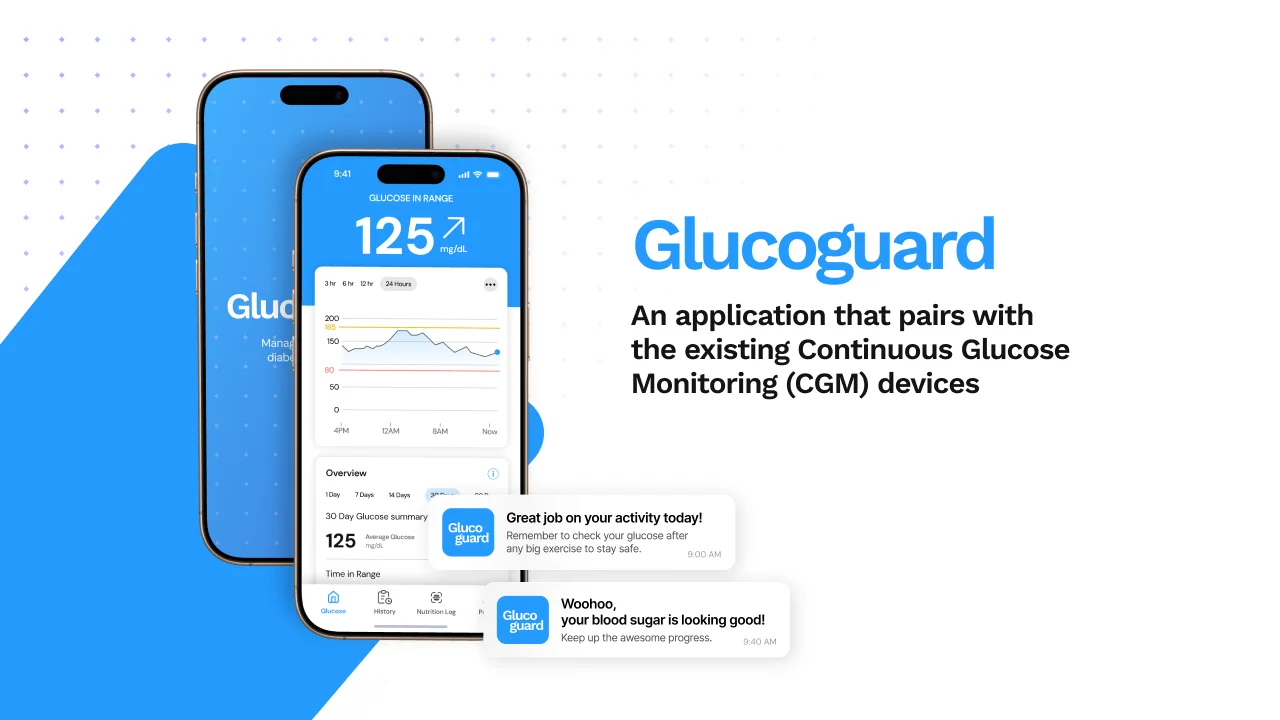 Presentation slide introducing a glucose-monitoring app with paired iPhone mockups, a live CGM chart, and companion push notifications on a blue backdrop.